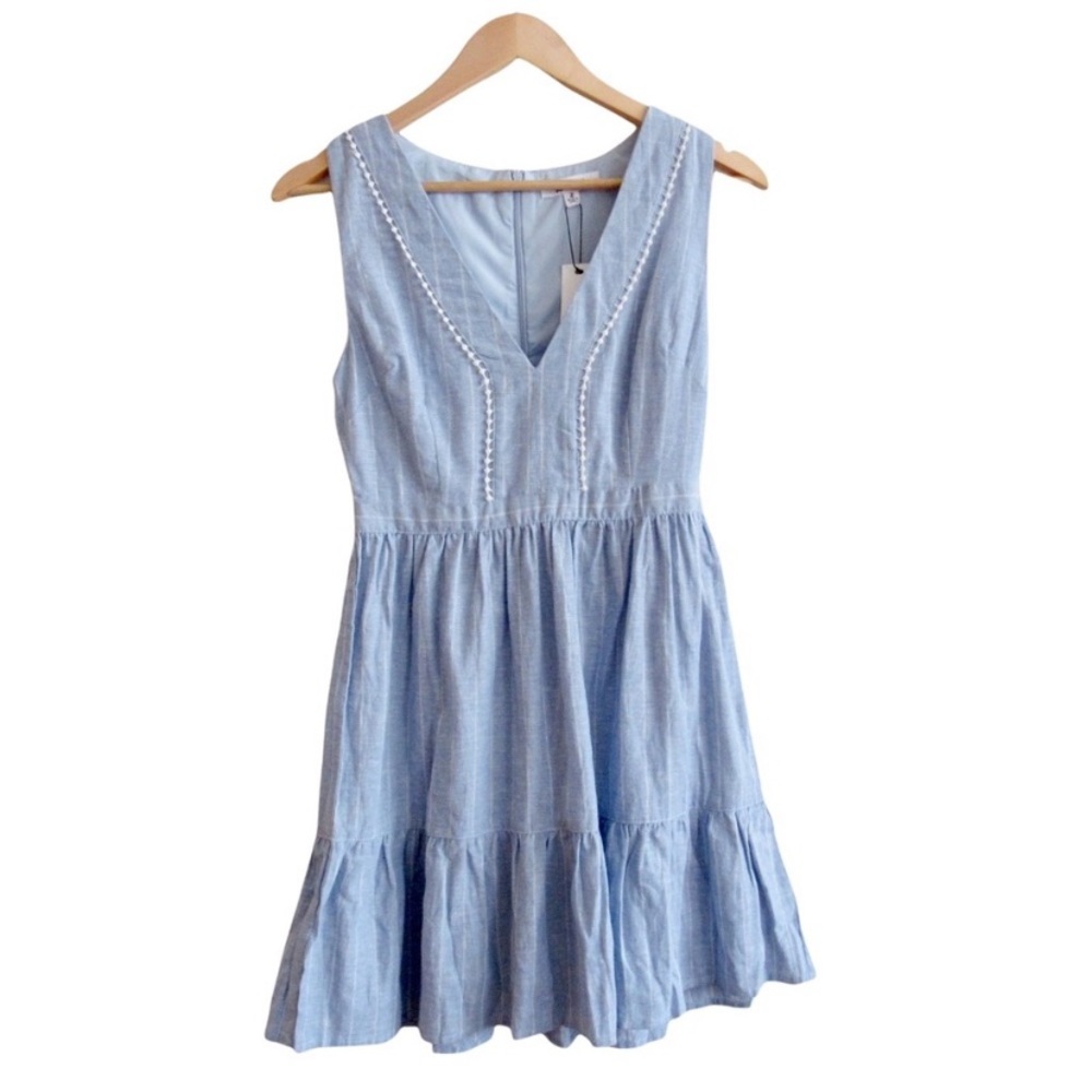 BB Dakota Blue Striped Dress 2 It's a Date Linen Cotton Sleeveless Ruffle V-Neck